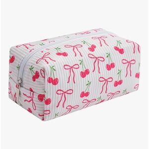 RSRSLEII Small Corduroy Makeup Bag, Cosmetic Travel Pouch, Bows & Cherries White